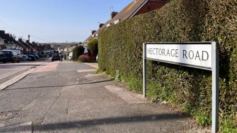 A residential street. There is a black and white sign that says Hectorage Road.
