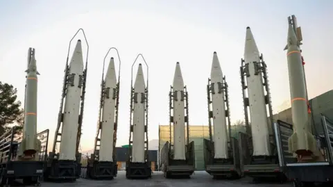 EPA A range of Iranian ballistic missiles the government displayed in August 2023