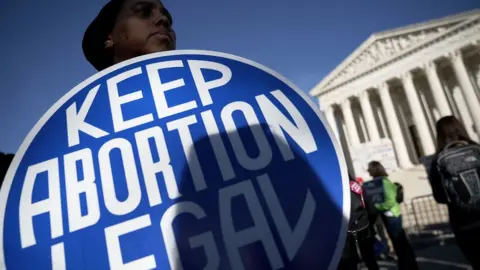 Getty Images A pro-choice activist holds a sign as she counter-protests in front of the the U.S. Supreme Court during the 2018 March for Life 19 January 2018 in Washington DC