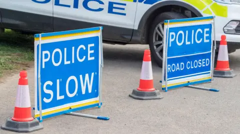 A stock image of blue police "road closed" signs, orange traffic cones and a police car in the background.