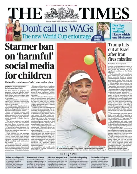 The headline on the front page of the Times reads: "Starmer ban on 'harmful' social media for children."