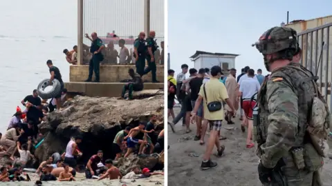 Split-screen image showing migrants climbing rocks on the left, and military watching as migrants cross border on the right