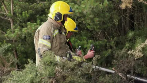 HIWFRS Two firefighters in beige uniforms with yellow helmets holding a hose with a water jet dousing the fire in trees