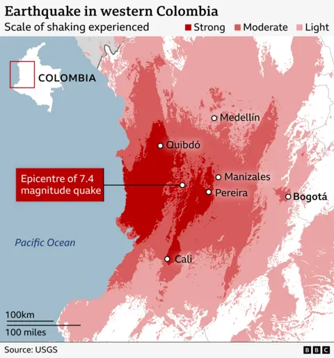 Map showing the intensity of shaking from a magnitude 7.4 earthquake in western Colombia. Areas closest to the epicentre, near the Pacific coast between Quibdó and Cali, are shaded dark red to indicate strong shaking. Surrounding regions, including Medellín, Manizales and Pereira, are shown in red for moderate shaking, while Bogotá lies in a lighter-shaded area indicating weaker shaking. The epicentre is marked west of Pereira. Source: USGS