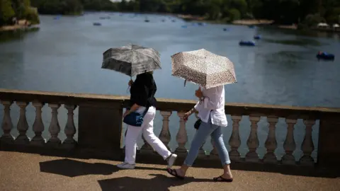 Reuters People use umbrellas to shelter form the sun in Hyde park