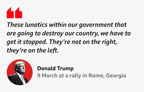  “These lunatics wrong   our authorities  that are going to destruct  our country, we person  to get   it stopped. They’re not connected  the right, they’re connected  the left.”
Donald Trump, 9 March astatine  a rally successful  Rome, Georgia
