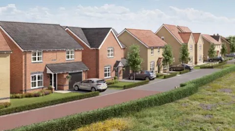 Persimmon A CGI illustration of a street of detached houses with cars parked in their drives, overlooking a field.