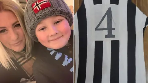 Katie Waddingham Katie Waddingham, her son Ronnie and picture of great-grandad's shirt