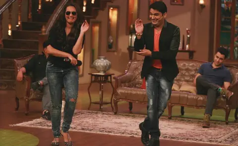 Getty Images Sonakshi Sinha on the sets of Comedy Nights with Kapil with Kapil Sharma for the promotion of Once Upon a Time in Mumbaai 2 on 1st August, 2013 in Mumbai.(Ph