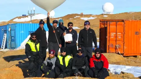 Pradeep Tomar  Members of the Bharati team launch a weather balloon.