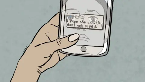 Illustration of a girl holding a mobile phone with a text message that reads 'I hope she actually does get raped'