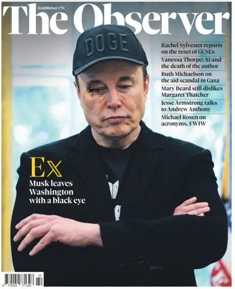 The Observer shows a large picture of Elon Musk with a black eye, wearing a Doge hat in a black suit with the headline: Ex: Musk leaves Washington with a black eye.