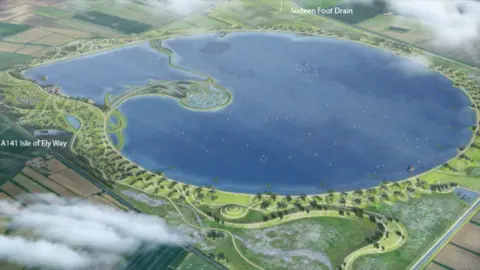 Illustration of what the reservoir could look like, there are boats on the water, and a boat house, there is a peninsula towards the middle of the water.