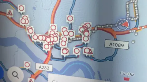 Ian Tompkins A sat nav screen showing the congestion across the area. There are delays in all directions flagged across Grays, Purfleet, South Ockendon and the Lakeside area.