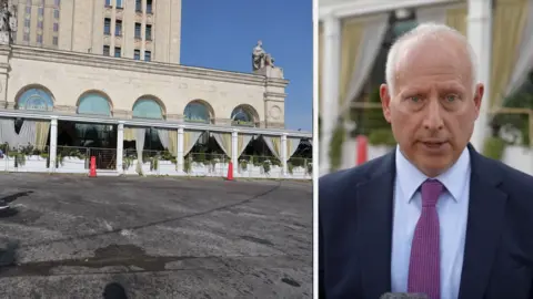 On the left, a picture outside the Blazi Rossi Italian restaurant in Moscow. On the right, Steve Rosenberg.