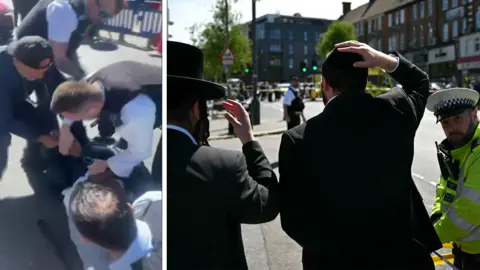 A composite image of police appearing to arrest a man, next two an image of two men in traditional Jewish dress holding their heads in shock, beside a police officer