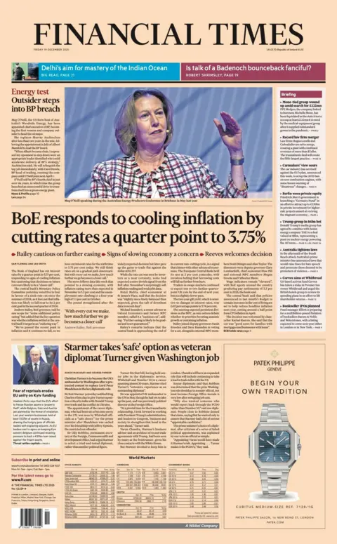 The headline on the front page of the Financial Times reads: "BoE responds to cooling inflation by cutting rates a quarter point to 3.75%".