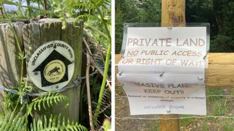 Two photographs alongside each other. The one on the left is a Ride UK way marker on a fence saying "unclassified county road". The photo on the right says 'Private Land. No public access or right of way. Invasive plants keep out! Removal or tampering of property is criminal damage! Includes signs'