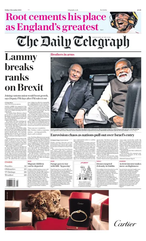 "Lammy breaks ranks on Brexit" reads the headline on the front page of the Daily Telegraph.