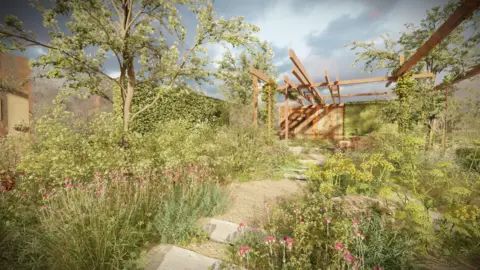 an illustration which shows a timber frame, wildflowers, pathways, trees