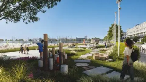 An artists' impression of an outdoor area with grassy parts, stone paths and a children's play area. In the distance boats can be seen and the sky is blue