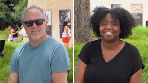 A split screen image showing a man with grey hair, black sunglasses and blue shirt and a woman in a black shirt.