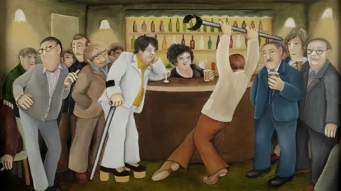 John Cook A painting of people stood at the back bar of the Lockyer Tavern in Plymouth. There is a man at the centre holding a crutch in the air and a man in a white outfit looking at him, holding the other crutch. There is a woman behind the bar holding her drink.