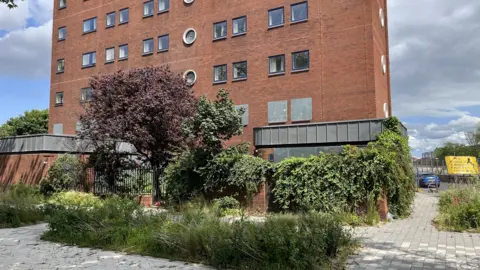 A red brick tower block stands behind a wall covered in overgrown shrubs. The pavement has also been covered in overgrown plants. A blue car is visible on the right of the image and is driving away from the building.