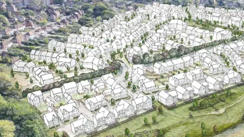 An artist's impression of the site which shows the planned new homes as white bordered outlines in the fields between existing homes and green space