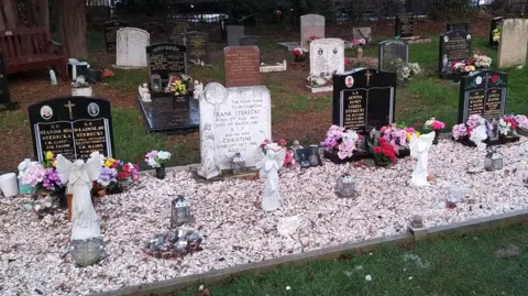 Lukasz Lakomy A row of four black and white graves in a white graveled space in a cemetery. There are angle statues and flowers in front of each grave. Behind it is grass and more graves and beyond that a fence. 