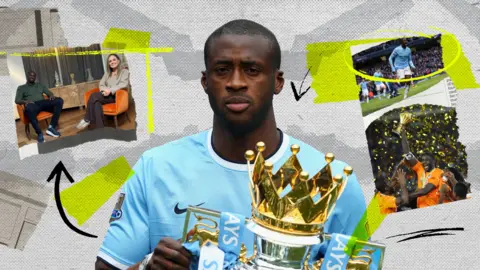 Yaya Toure with the Premier League trophy at Manchester City