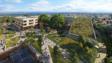 A computer-generated image showing a three storey building, with a slanted roof that has grass on it. On the ground floor are people walking around and trees.