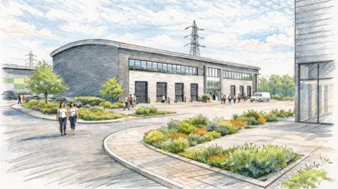 Maximus Group An artist's impression of an industrial estate. A large industrial unit is in the centre and people can be seen milling around. It also shows a t-junction at the entrance to the site with footpaths and greenery alongside. 