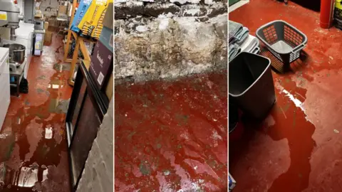 Phil Hall Three side-by-side images of The Black Swan's cellar area, showing standing water on the floor, and damage to the walls where the leak is coming from.