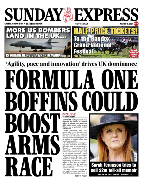 The front page of the Sunday Express reads: "Formula One Boffins Could Boost Arms Race."