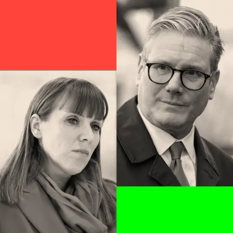 BBC A treated montage image, showing Angela Rayner on the left and Keir Starmer on the right 