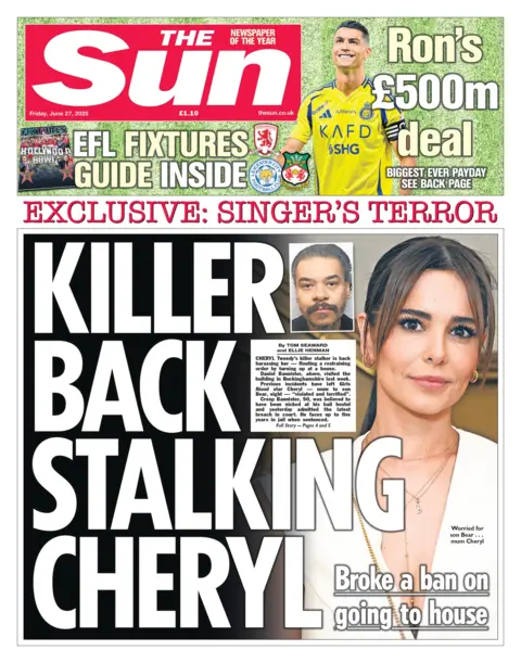 "Killer back stalking Cheryl" reads the headline on the front page of The Sun.