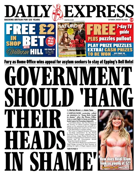 The headline on the front page of the Daily Express reads: "Government should 'hang their heads in shame'". 
