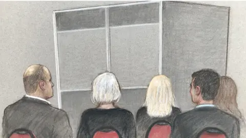 Julia Quenzler for BBC Courtroom sketch of MI5 officer Witness A giving evidence behind a screen