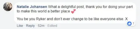 Natalie Johansen Screen grab of facebook comment by Natalie Johansen reading: "What a delightful post, thank you for doing your part to make this world a better place"