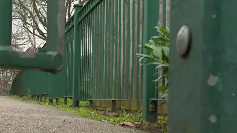 Green metal fencing seen from ground level. Weeds grow around it and tarmac and trees can be seen beyond.