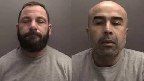 Humberside Police Police mugshots of a composite image of two of the men. They are both wearing grey jumpers, one is bald with grey stubble and the other has short black hair and a medium-length moustache and beard.