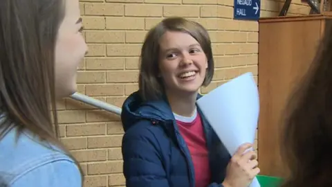 Students celebrating their results at Ysgol Bro Myrddin in Carmarthen