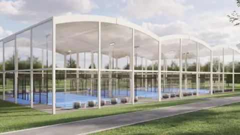 Artists sketch of the new padel courts. Three courts can be seen, housed inside a glass structure. A path leads to the door of the strcuture.