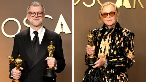 A composite image of Paul Thomas Anderson and Amy Madigan holding their Oscars