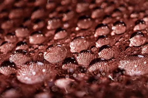 Tony Jolliffe/BBC News Water droplets gather on a piece of brown/pink material