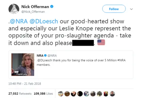 Twitter @Nick_Offerman tweeted: "Our good-hearted show and especially our Leslie Knope represent the opposite of your pro-slaughter agenda".