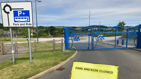 BBC Langarth Park and Ride, with closed sign