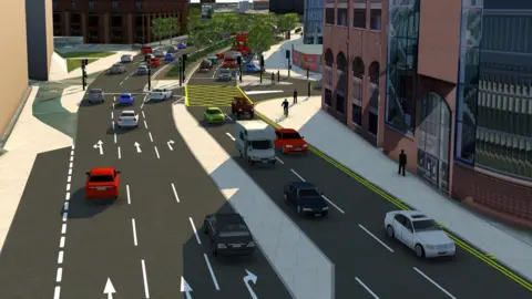 Sunderland City Council A CGI of how the road will look. The eastbound carriageway has been reduced down to two lanes. Three lanes remain on the westbound carriageway.