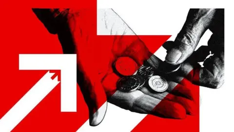 A branded image showing a person holding a selection of UK coins overlaid with white and red arrows.